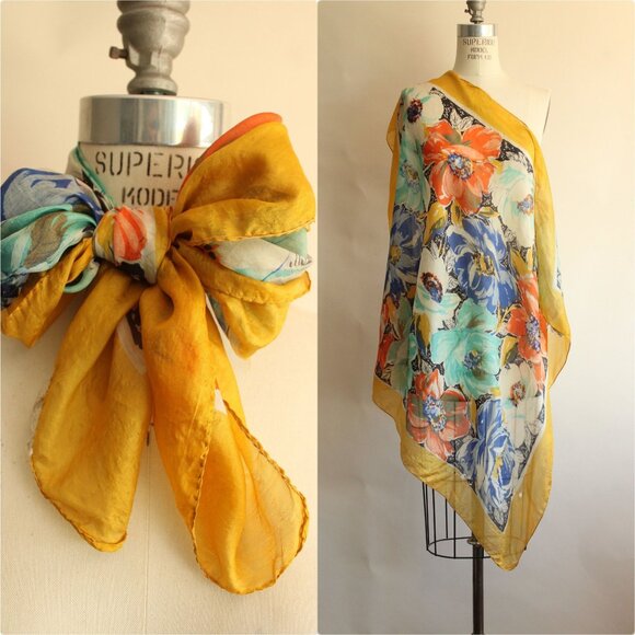 Vintage Accessories - Vintage 1940s 1950s Silk Scarf, Square Floral Print Headscarf, Blue Teal Gold an